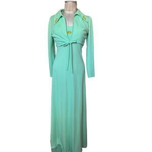Vintage 70s Mint Green Halter Dress Roses Tie Jacket Bolero Soul Train Maxi